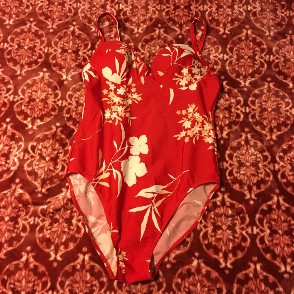 Red floral one piece bathing suit